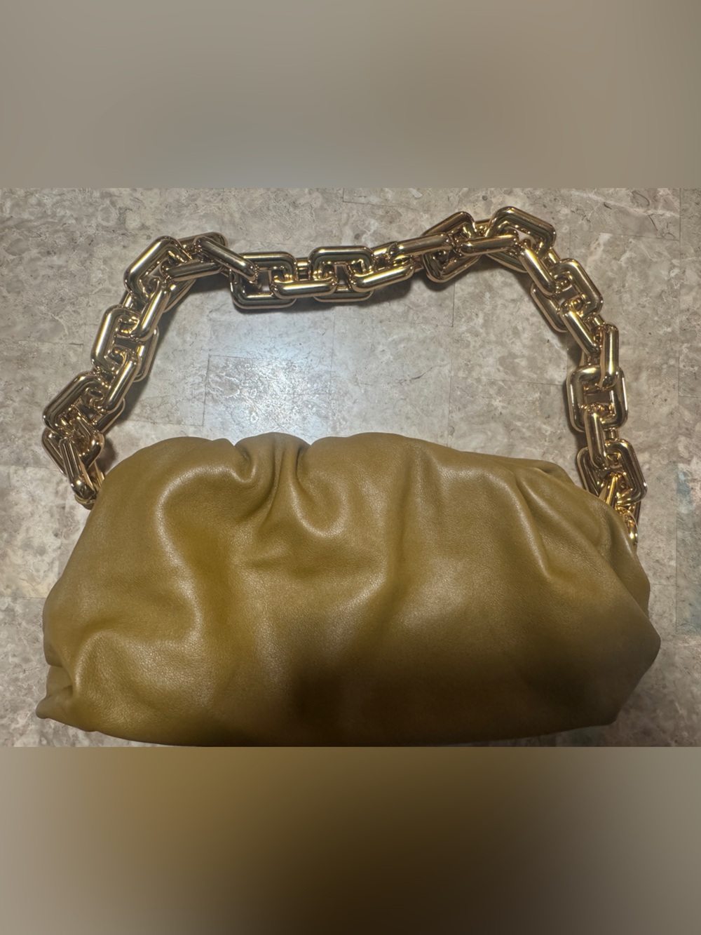 Bittega Veneta Olive Green Soft Clutch with Gold Chain Strap